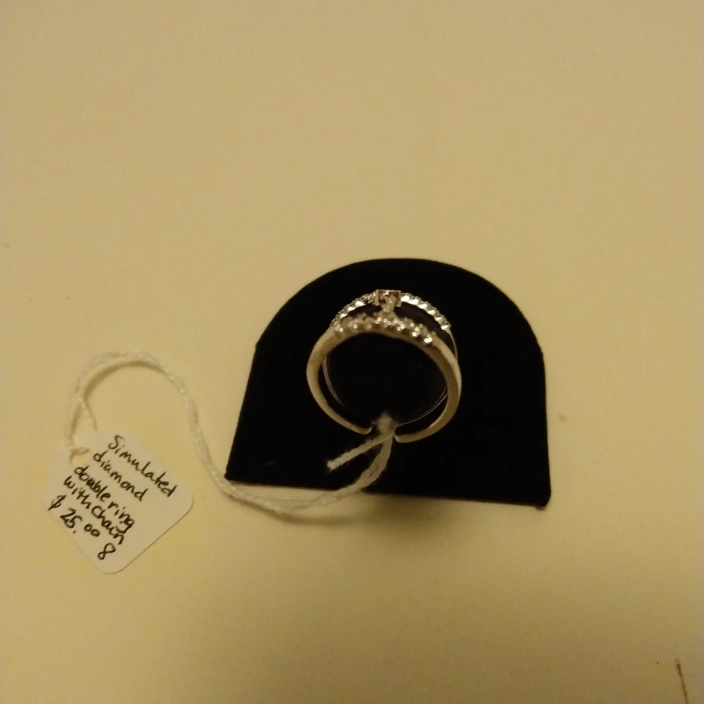 Modern Simulated diamond double ring with chain. New. Size 8 - Picture 2 of 2